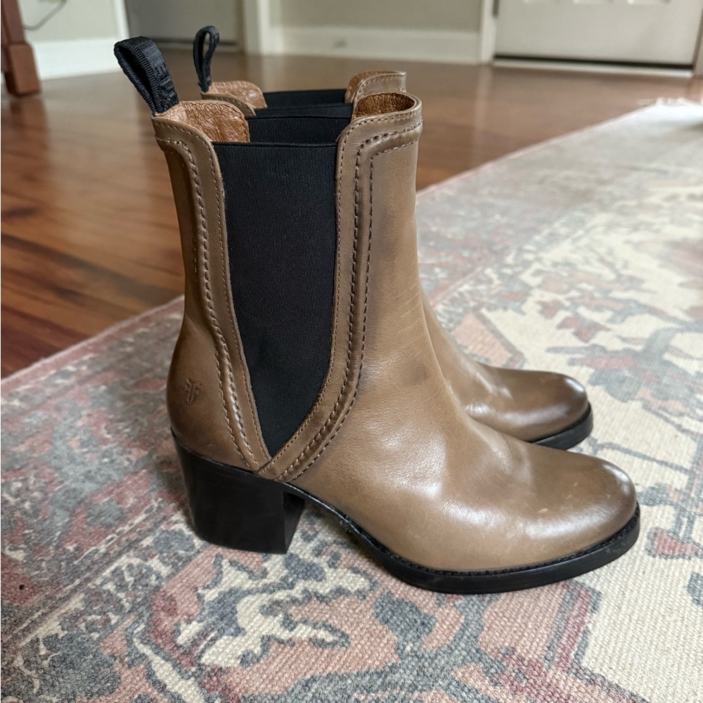 Frye Taupe Leather Chelsea Booties with Black Elastic Panels